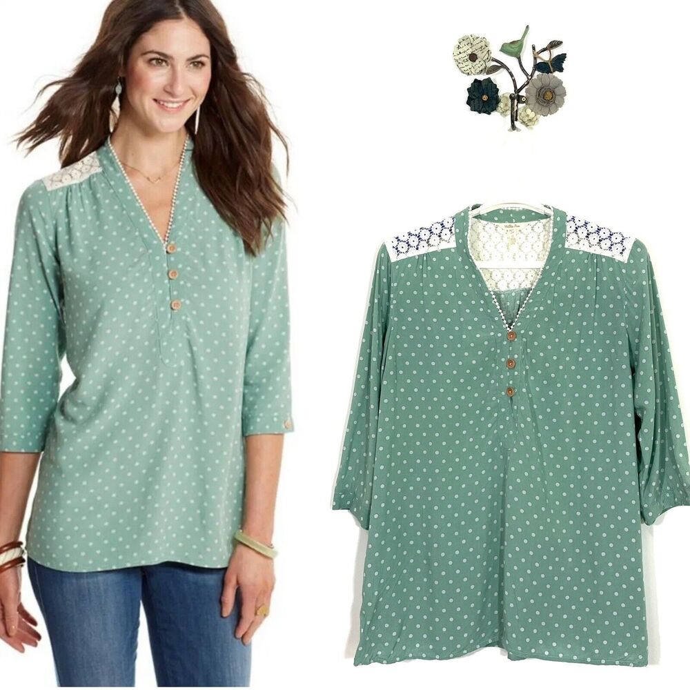 Matilda Jane Polka Dot Green White Eyelet Floral Popover Blouse Top Womens Large